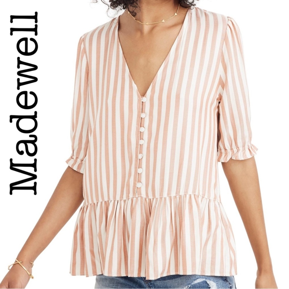 Madewell Courtyard Ruffle Women's Striped Tan Top Size Small